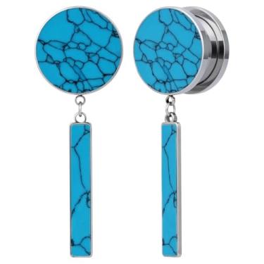 Imagem de POBAISITER 2 peças de brincos de alargadores de orelha e alargador de túneis de textura turquesa com ajuste de parafuso fofo para mulheres, piercing corporal, 8mm(0g), Aço inoxidável, Arenito