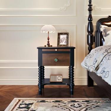 Imagem de Mesa de cabeceira vintage de madeira escura - mesa de cabeceira de madeira maciça com armazenamento de gaveta, mesa de cabeceira pequena e estreita antiga para sala de estar, quarto, 35 cm P x 43 cm L