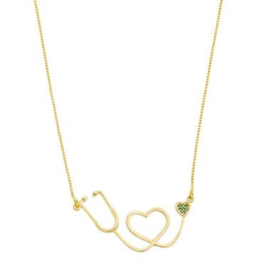 Imagem de Colar cordão profissões estetoscópio coração folheado ouro