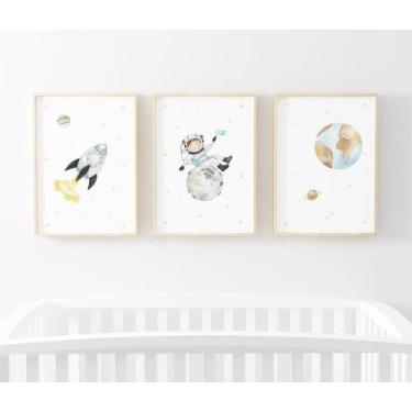 Imagem de Quadro Infantil Decorativo Menino Astronauta Aquarela - Kit com 3 Quad