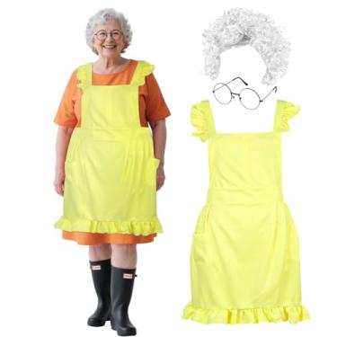 Imagem de Mepase 3 peças de fantasia de vovó peruca branca encaracolada armação redonda óculos e avental amarelo para mulheres adultas, lembrancinha de festa de Halloween