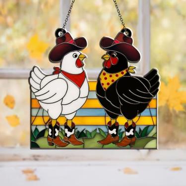 Imagem de Pendurado em janela de galinha caubói – decoração de acrílico engraçada de casa de fazenda – Ornamento de galo country para cozinha, varanda ou marquise – Presente fofo de animal de fazenda ocidental