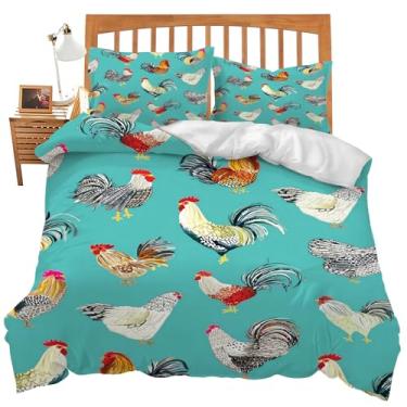 Imagem de Conjunto de 3 peças de capa de edredom com tema de galinha da fazenda com 2 fronhas Queen Size Farm Rooster, lençol de cama de quarto para crianças amadas