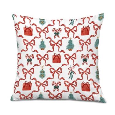 Imagem de Foritho Capas de almofada de Natal com laço vermelho Coquette 45,7 x 45,7 cm, decoração de Natal vintage, bengala doce, bagas de azevinho, enfeite decorativo para quarto de meninas, dormitório