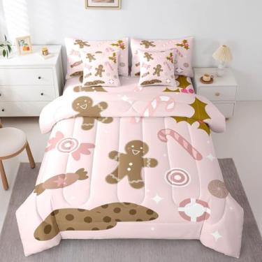 Imagem de Feelyou Jogo de cama casal fofo de Natal com 7 peças, rosa doce, conjunto de edredom com lençol para crianças, meninos, meninas, gengibre, homem, cama em um saco de doces