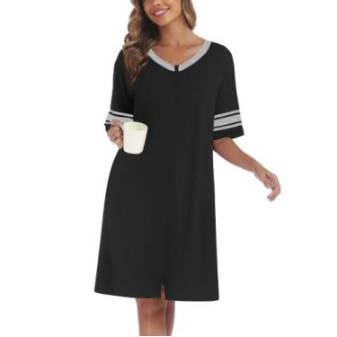 Imagem de Roupão de banho feminino Ekouaer, aconchegante, curto, com zíper, pret