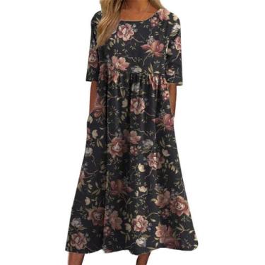 Imagem de Vestido maxi Akivide Summer Boho Floral de manga curta para mulher