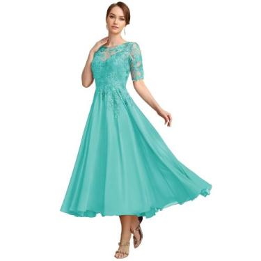 Imagem de Vestido Mãe da Noiva GATMAHE Turquesa Chiffon Tamanho 12