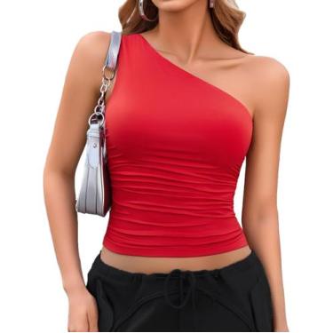 Imagem de Camiseta regata curta Avidlove feminina de um ombro, vermelha, moda do