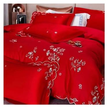 Imagem de Jogo de cama de luxo 1000 fios 1000% algodão de qualidade suprema com flores bordadas, jogo de edredom plano/lençol com elástico (C QUEEN_PLAT)