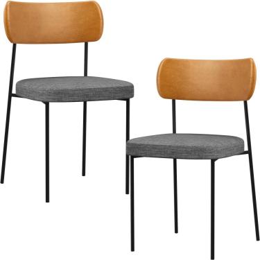 Imagem de Kit 02 Cadeiras Estofadas Para Sala De Jantar Melina L02 Couríssimo Whisky Linho Cinza Escuro - Lyam Decor