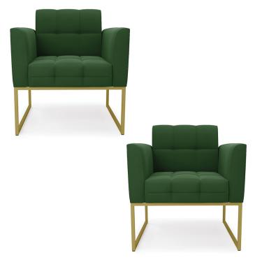 Imagem de Kit 2 Poltronas Elisa Suede Verde Base Metálica Industrial Dourado - D'Rossi