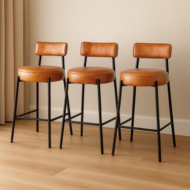 Imagem de Banqueta de Cozinha Baixa com encosto Industrial em aço kit 3 Londres PU Whisky D03 - D'Rossi