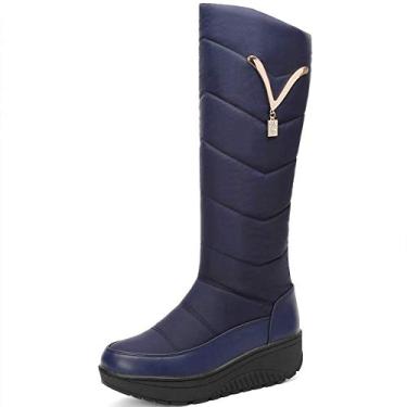 Imagem de Bigfanshu Botas femininas para neve inverno mãe sapatos à prova d'água pele quente pelúcia moda casual altura do joelho plus size, Azul, 4.5