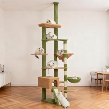 Imagem de Heybly Árvore para gatos de 92,5 a 104,3 polegadas com rede, condomínio de cacto do chão ao teto, torre de escalada de gato alto ajustável com postes para arranhões para gatos internos, verde e