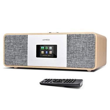 Imagem de LEMEGA Sistema de música MSY3, rádio de internet WiFi, rádio digital FM, conexão Spotify, alto-falante Bluetooth, som estéreo, caixa de madeira, fone de ouvido, relógio de alarme, 40 pré-configurações, controle remoto completo e de aplicativo - carvalho branco