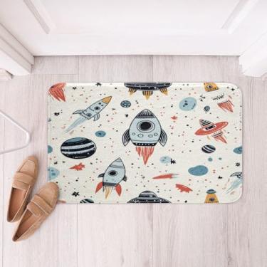 Imagem de Feelyou Tapetes de banho Space Rocket para banheiro antiderrapante Shag Universe Planet Tapete de banho decoração de lã macia absorvente espaço sideral navio tapete de chão para chuveiro sala de estar quarto tapetes 50 x 81 cm