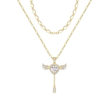 Imagem de MEIITRUE Colar feminino com inicial de coração de anjo banhado a ouro 14K, zircônia cúbica, amor com asas móveis, pingente de nome personalizado em camadas delicadas, corrente personalizada, presente