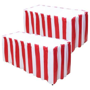 Imagem de Deermon Saias de mesa listradas vermelhas e brancas com tema de carnaval de palhaço de circo