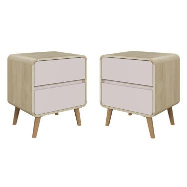 Imagem de Kit Conjunto 02 Mesas De Cabeceira Canto Curvo Com 02 Gavetas E Pés Palito Retrô Carvalho Araguaia