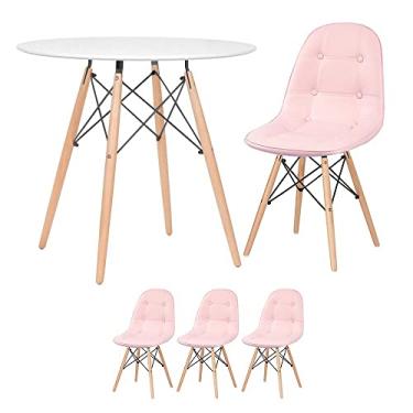Imagem de Loft7, Kit Mesa Redonda Eames 80 cm Branco + 3 Cadeiras Eames Botonê, PU sintético, Aço e Madeira, Escritório, Sala de Estar e Sala de Jantar - Rosa Claro