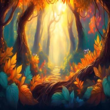 Imagem de Quadro Decorativo Estampa Floresta Iluminada com Folhagens Vibrantes - Arte Moderna para Parede 40x40cm