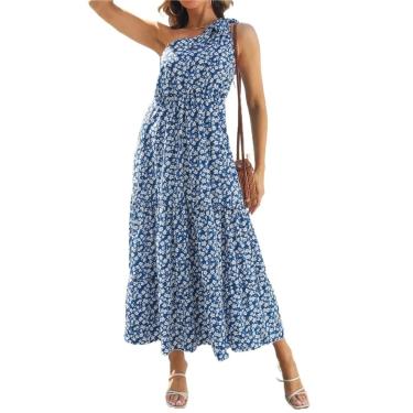 Imagem de Vestidos Longos De Verão Femininos, Um Ombro, Estampa Floral, Cintura Alta, Linha A, Casual, Boho, Praia, Vestido, Sem Mangas, Férias, Blue, XL
