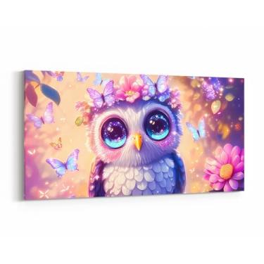 Imagem de Arte de parede em tela de coruja fofa para sala de estar desenho animado borboletas kawaii vida selvagem pintura de parede imagem moderna roxo floral folhas sonhador banheiro arte de parede para