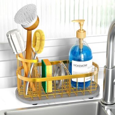 Imagem de HOKEMOM Organizador de pia de cozinha com suporte de esponja e suporte de escova – Base antiderrapante sem drenos, aço inoxidável de 2,6 mm com revestimento dourado resistente à ferrugem – Fácil