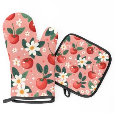 Imagem de Luvas de forno antiderrapantes para cozinha, luvas de forno resistentes ao calor e conjuntos de suportes de panela para cozinhar, churrasco, assar, decoração de cozinha, cereja