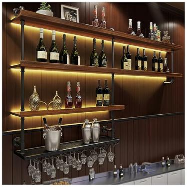 Imagem de Rack grande de vinho de madeira maciça de 100 cm montado na parede, prateleiras de bar de parede para garrafas de bebidas com luz LED, rack de copo de vinho de 4 níveis, capacidade de licor para bar