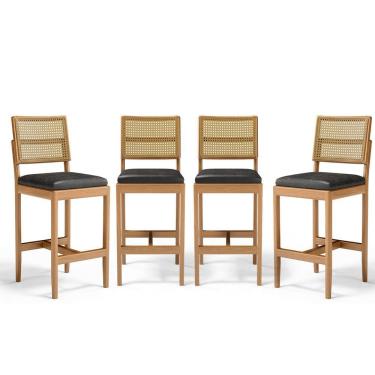 Imagem de Kit Com 4 Banqueta Milena Madeira Maciça Assento Estofado Encosto De Tela Palha Sextavada
