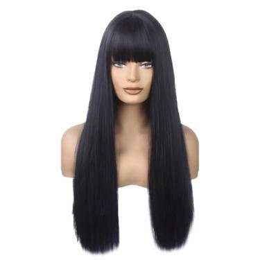 Imagem de Peruca preta de fibra de alta temperatura, cobertura de cabelo longo e liso para mulheres, brilhante e suave, comprimento ajustável, fácil de estilizar, ideal para uso diário
