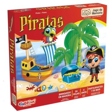 Imagem de Jogo da Memória Piratas 24 Peças em Madeira, para Crianças +4 Anos, Multicolor