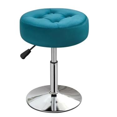Imagem de Xenothos Cadeira giratória otomana para sala de maquiagem, cadeira para penteadeira, altura ajustável, veludo, azul-petróleo