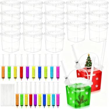 Imagem de Willinglong 24 conjuntos de baldes de rum de plástico transparente para bebida com canudos, seringas de bebidas de 1000 ml, baldes de bebida para festas com alça, tigelas de ponche reutilizáveis para