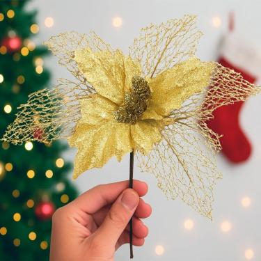 Imagem de Flores Ramos árvore Natal Com Gliter Dourado 22cm Kit 6pçs