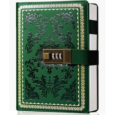 Imagem de Diário de bloqueio vintage com cadeado para mulheres, diário de couro com fechadura, recarregável, bloqueado, caderno de redação, diário B6, diário secreto com combinação de senha, 14 x 19,8 cm, verde