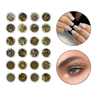Imagem de Kit 24 Glitter Decoração Unha Gel Nail Art Maquiagem Dourado - Arte Se