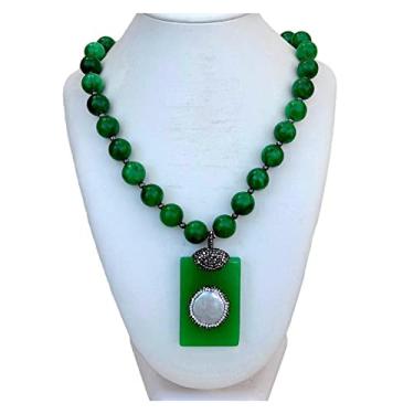 Imagem de URMIBDAI Colares femininos jades verdes forma redonda colar liso retangular jades moeda pingente pérola 50,8 cm