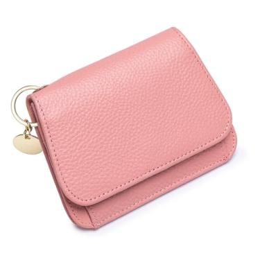 Imagem de FREYAMIRA Carteira fina feminina de couro legítimo com bloqueio de RFID, porta-chaves com zíper, bolso para moedas, janela para identidade, rosa, Moderno
