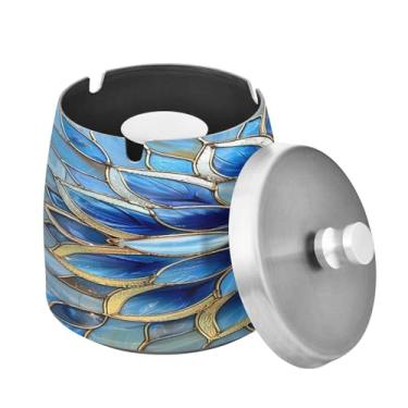 Imagem de Blueangle Cinzeiro de flor mandala azul com tampa para cigarros, à prova de vento/chuva, aço inoxidável, sem fumaça, inodoro, cinzeiro para uso interno ou externo (460)
