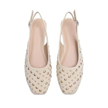 Imagem de BEAUDRM Sapatilhas femininas com salto baixo e bico fechado, sapatilhas, casual, festa, bico fino, elegante, Bege claro, 39