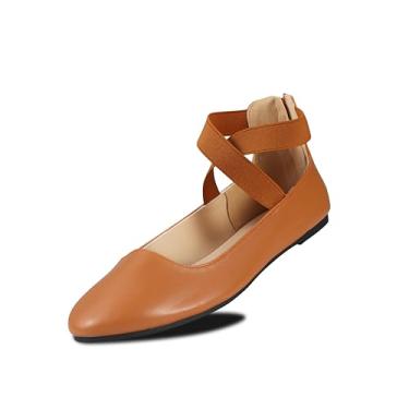 Imagem de EMMA NEW YORK Sapatilhas femininas confortáveis com alça, sapatilha bailarina com tiras elásticas no tornozelo para mulheres, sapatos renascentistas, sapatos de bailarina rasos, Conhaque PU, 37