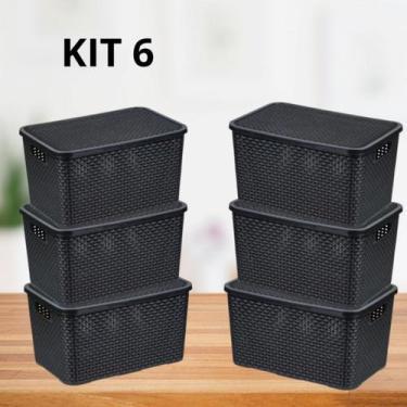 Imagem de Kit 6 Caixas Organizadora Rattan com Tampa 7 Litros Preto Praticidade 