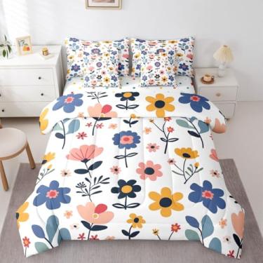 Imagem de Feelyou Jogo de edredom fofo de flores com 7 peças, solteiro, desenho floral, arco-íris, colorido, kawaii, planta, decoração de quarto, microfibra macia