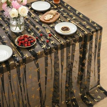 Imagem de Horaldaily Toalha de mesa retangular de gaze em ouro preto, 152 x 354 cm, folha metálica dourada com glitter, gaze de tule transparente para festa de casamento e chá de bebê