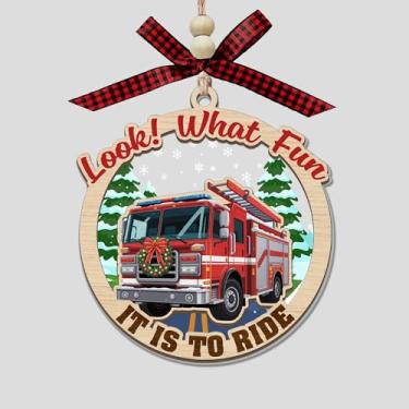 Imagem de Oh What Fun It is to Ride Enfeite de caminhão de bombeiros, decoração de Natal de motor de bombeiro vermelho, enfeite de pendurar em madeira e acrílico, presente de árvore de Natal para crianças