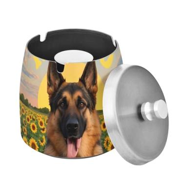 Imagem de Cinzeiro padrão pastor alemão com tampa, cinzeiro de aço inoxidável inodoro à prova de vento para casa, jardim, escritório, pátio