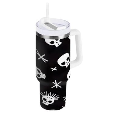 Imagem de Kigai Copo de caveira fofo de 850 g com tampa e canudo, à prova de vazamento, durável, copo isolado de aço inoxidável com alça, garrafas de água à prova de derramamento para viagens